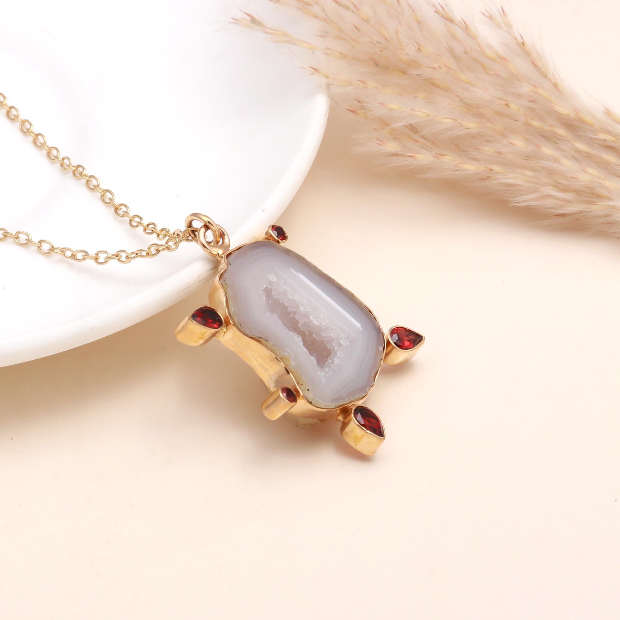 The Crystal Guardian: Agate Slice & Garnet Pendant