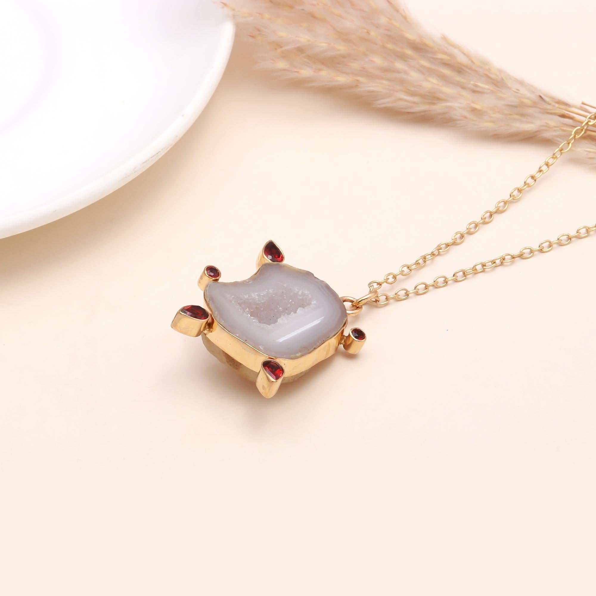 The Crystal Guardian: Agate Slice & Garnet Pendant