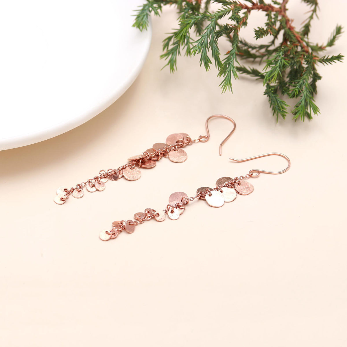 The Rose Cascade: Hammered Disc Fringe Drop Earrings