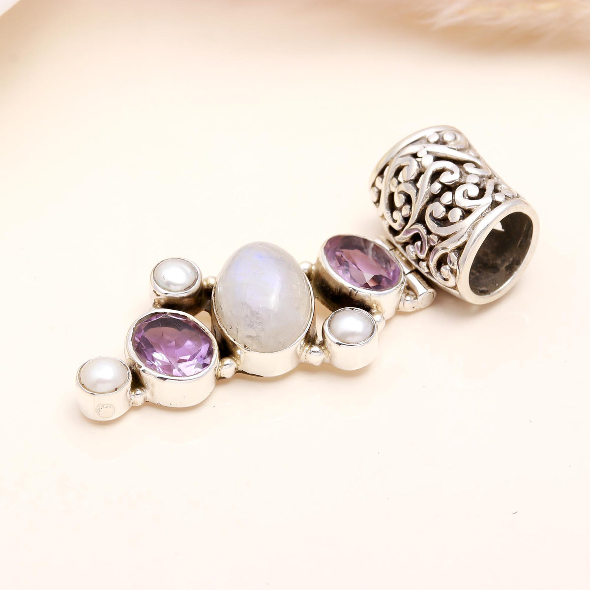 The Celestial Cascade: Amethyst & Pearl Silver Pendant