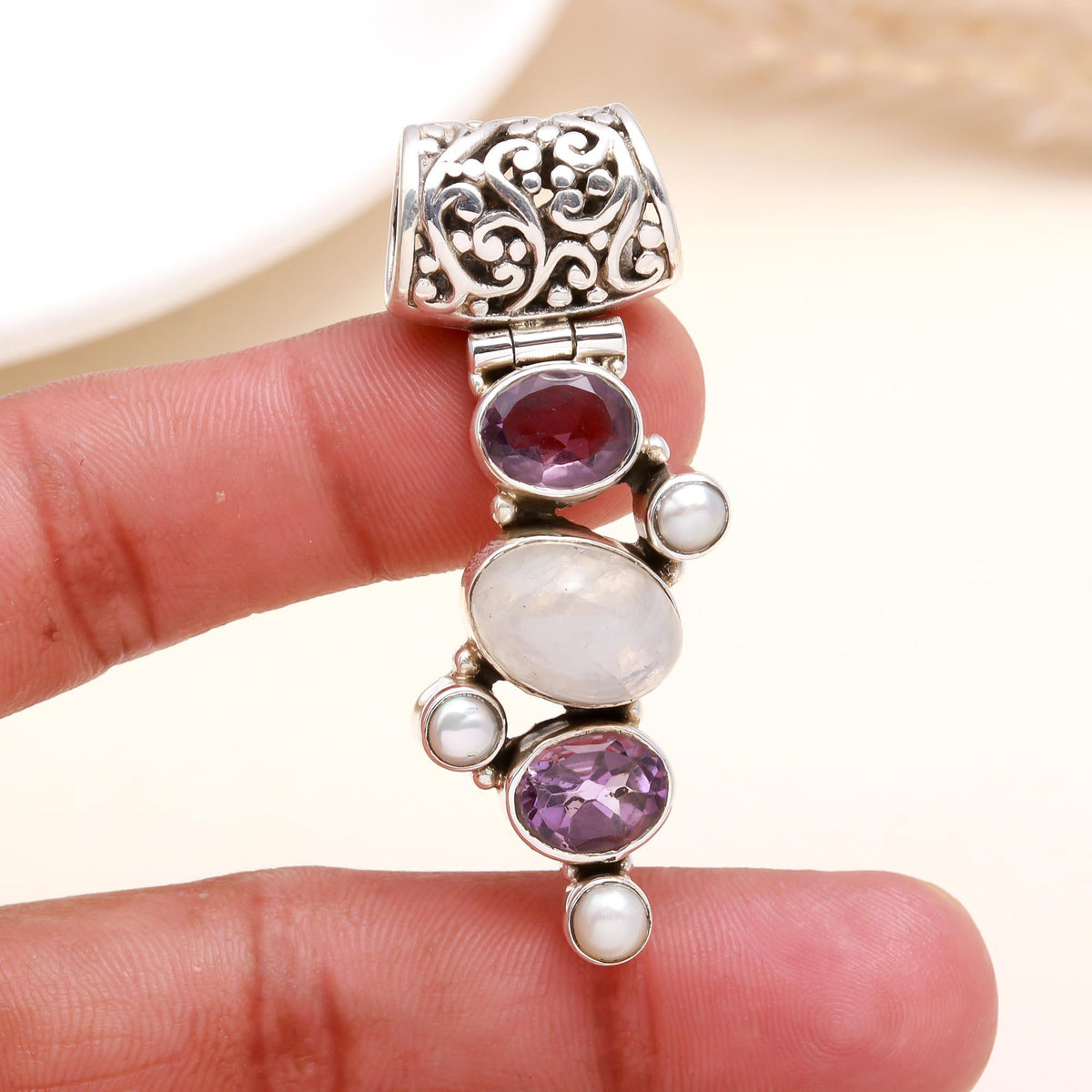 The Celestial Cascade: Amethyst & Pearl Silver Pendant