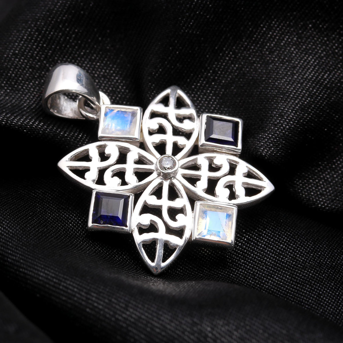 The Midnight Star: Iolite & Moonstone Silver Mandala Pendant