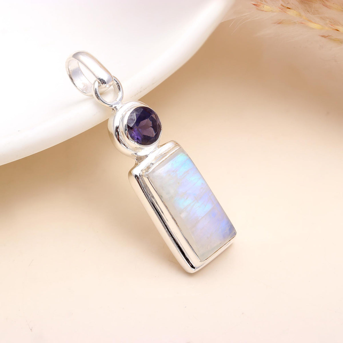 The Iolite Tablet: Moonstone Silver Drop Charm