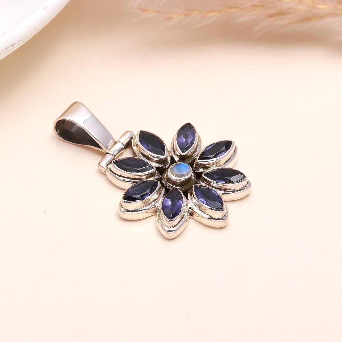 925 Sterling Silver Iolite & Moonstone Floral Pendant