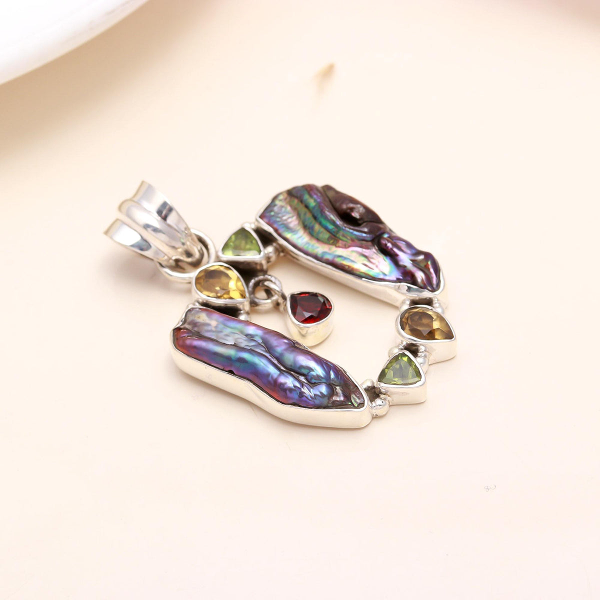 925 Sterling Silver Baroque Pearl Pendant with Multi-Gemstones