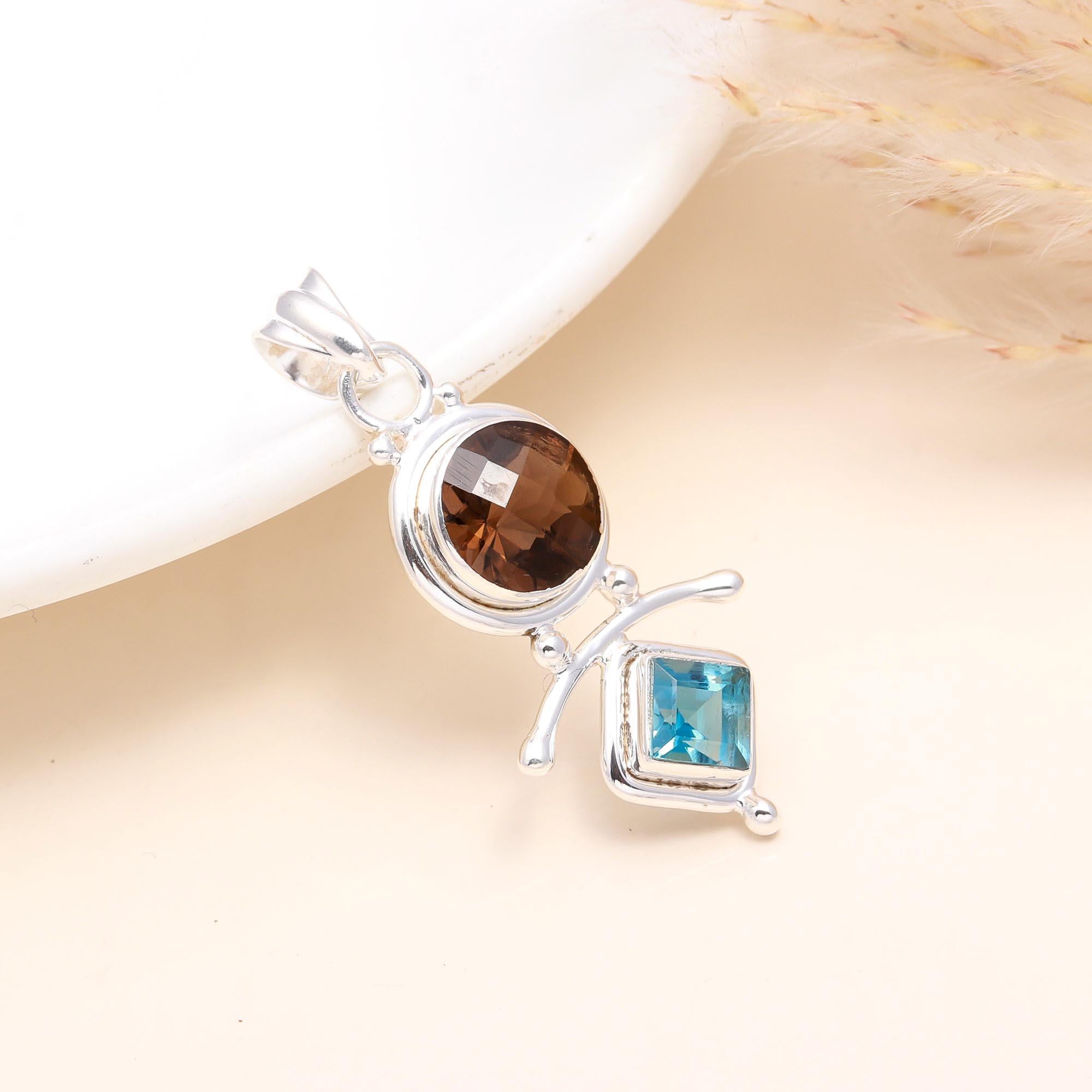925 Sterling Silver Smoky Quartz & Blue Topaz Pendant