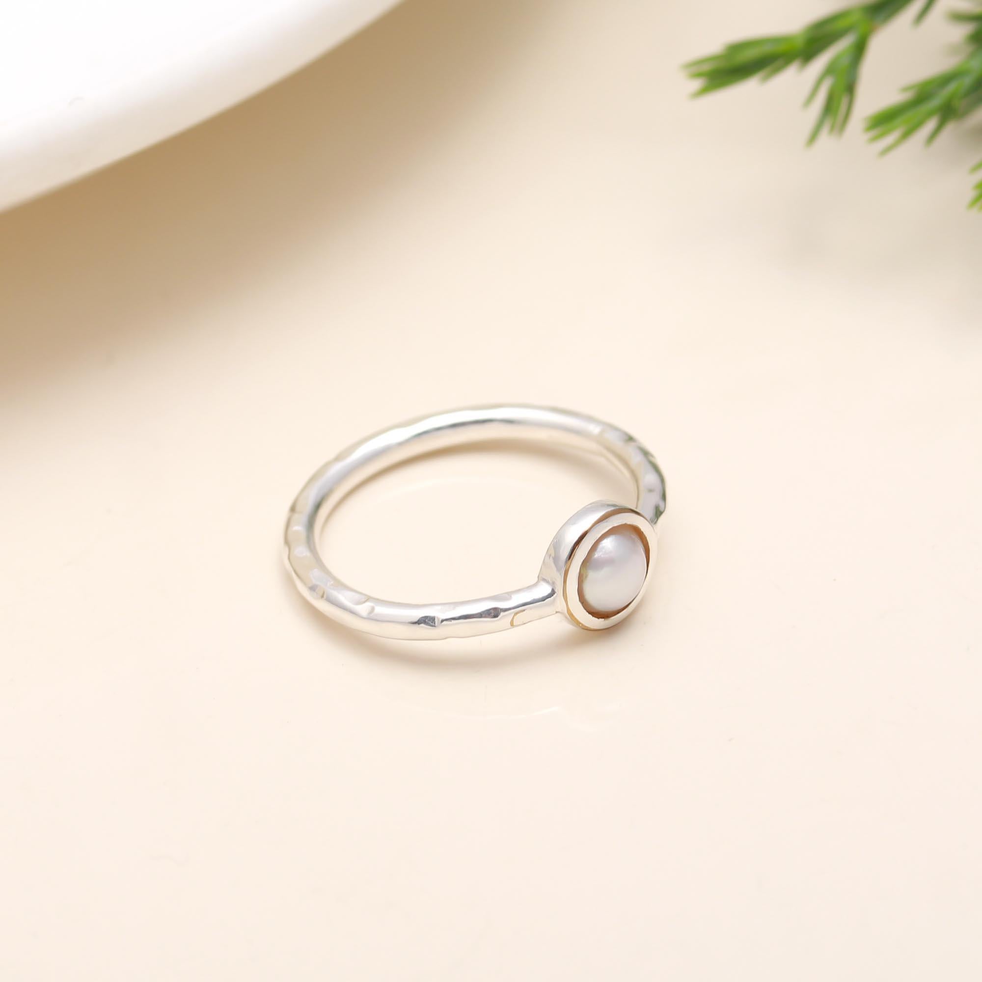 The Lunar Dot: Pearl Hammered Silver Solitaire Ring