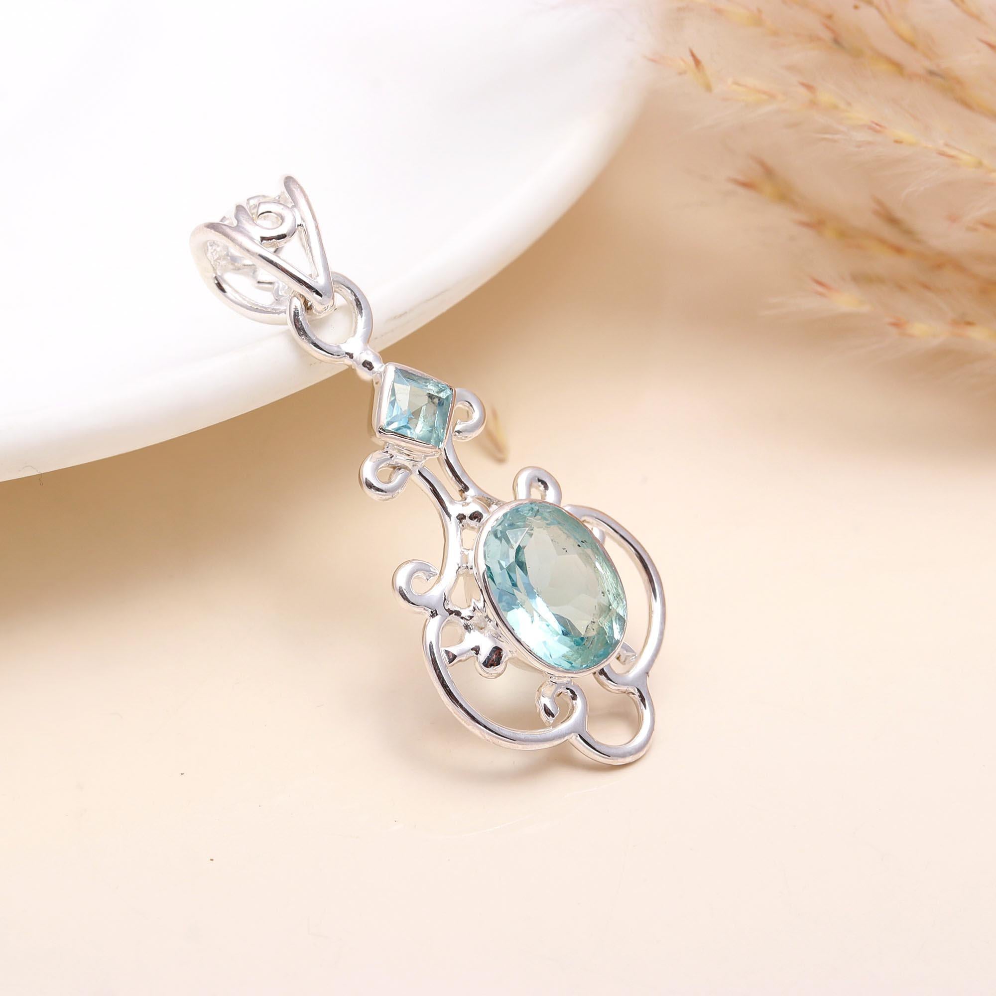 925 Silver Blue Topaz Filigree Pendant