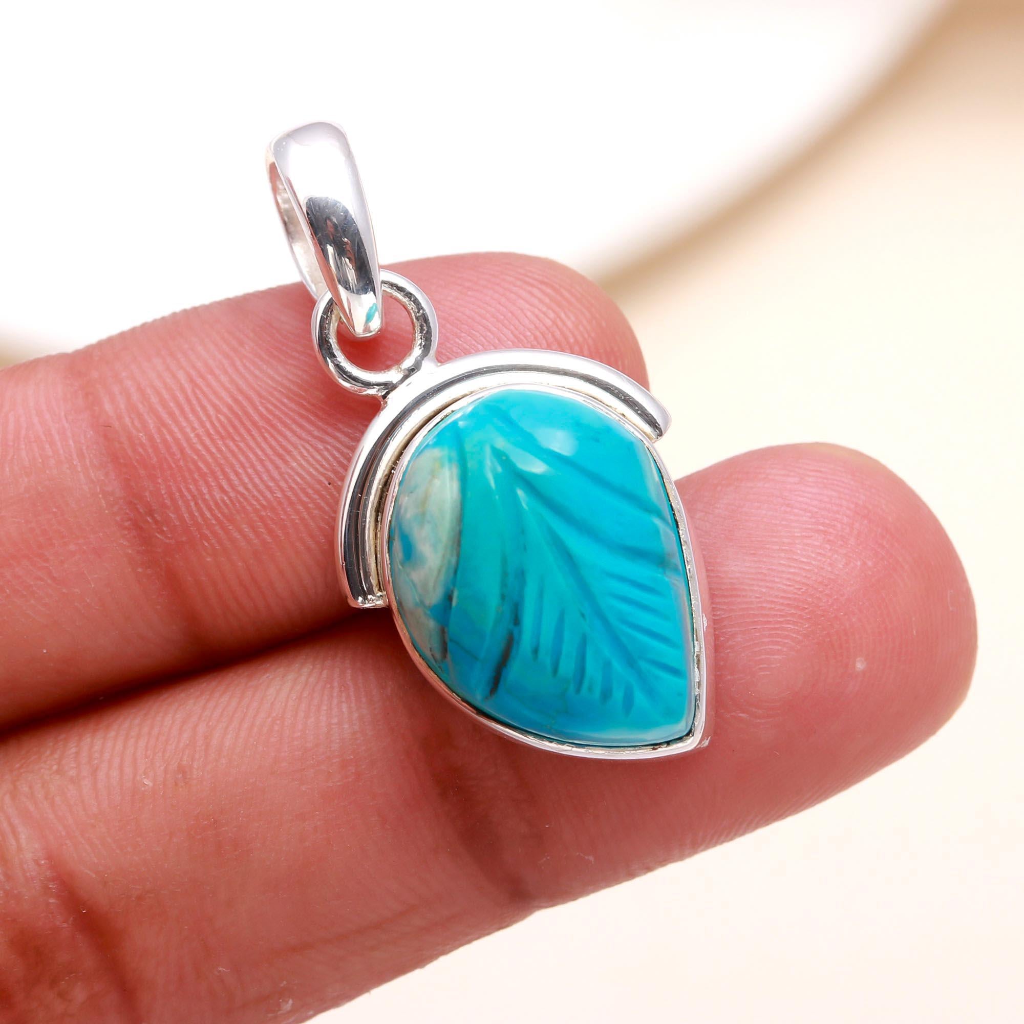 925 Sterling Silver Hand-Carved Turquoise Boho Pendant