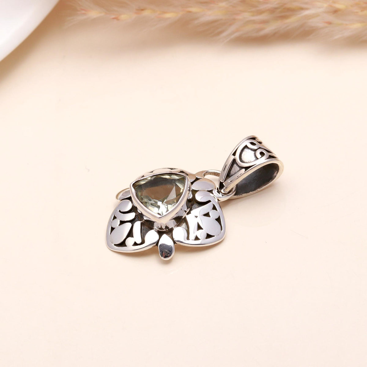 925 Sterling Silver Trillion Cut Green Amethyst Filigree Pendant