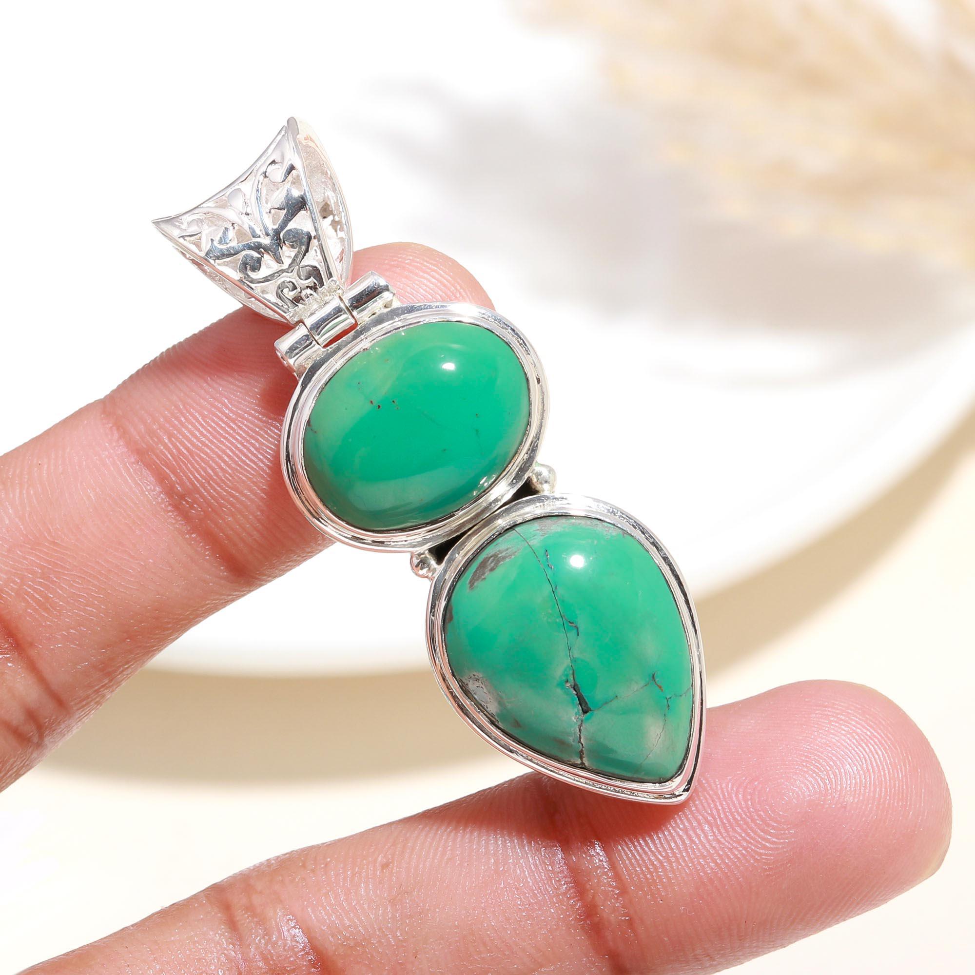 925 Sterling Silver Double Stone Green Turquoise Pendant