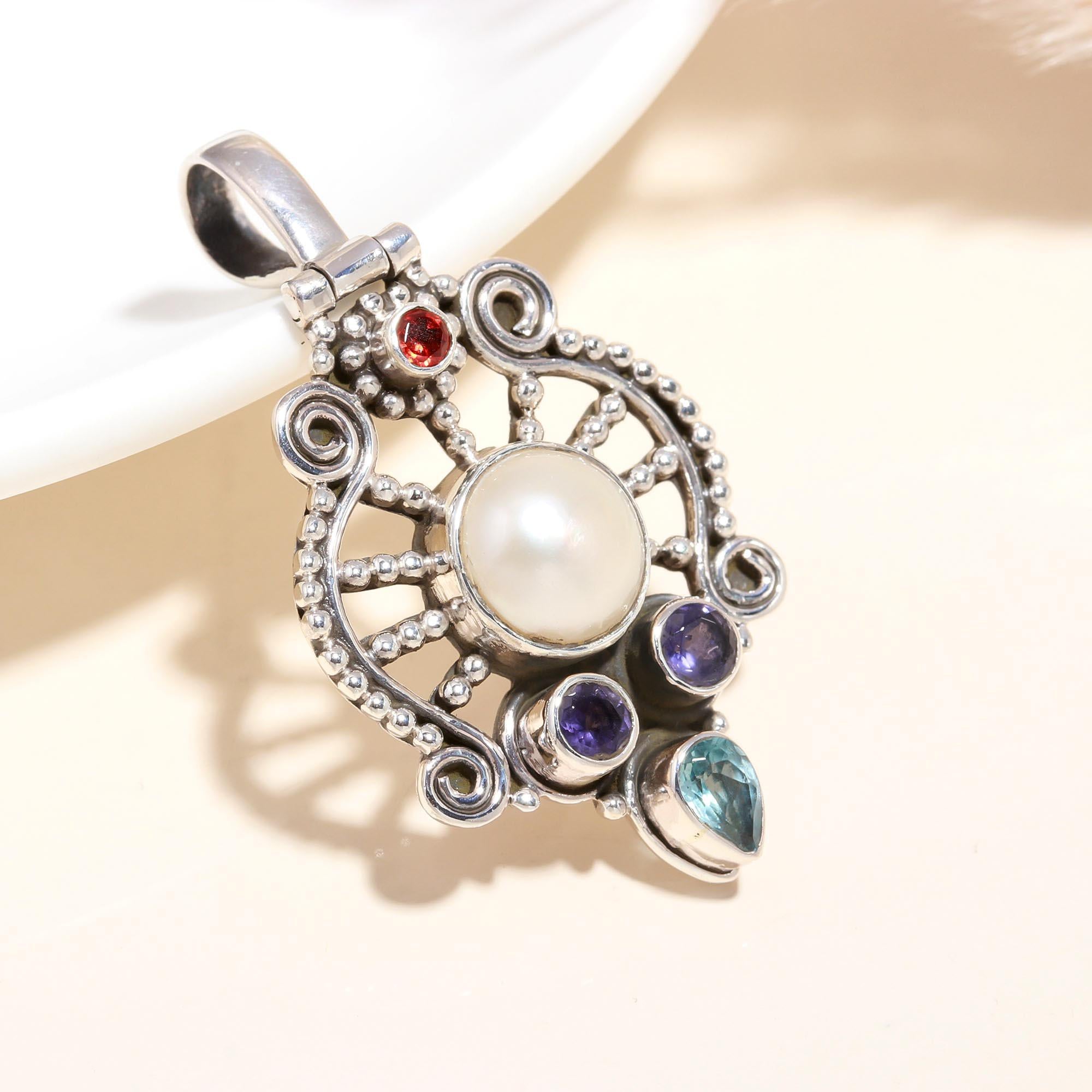 925 Sterling Silver Vintage Pearl & Gemstone Filigree Pendant