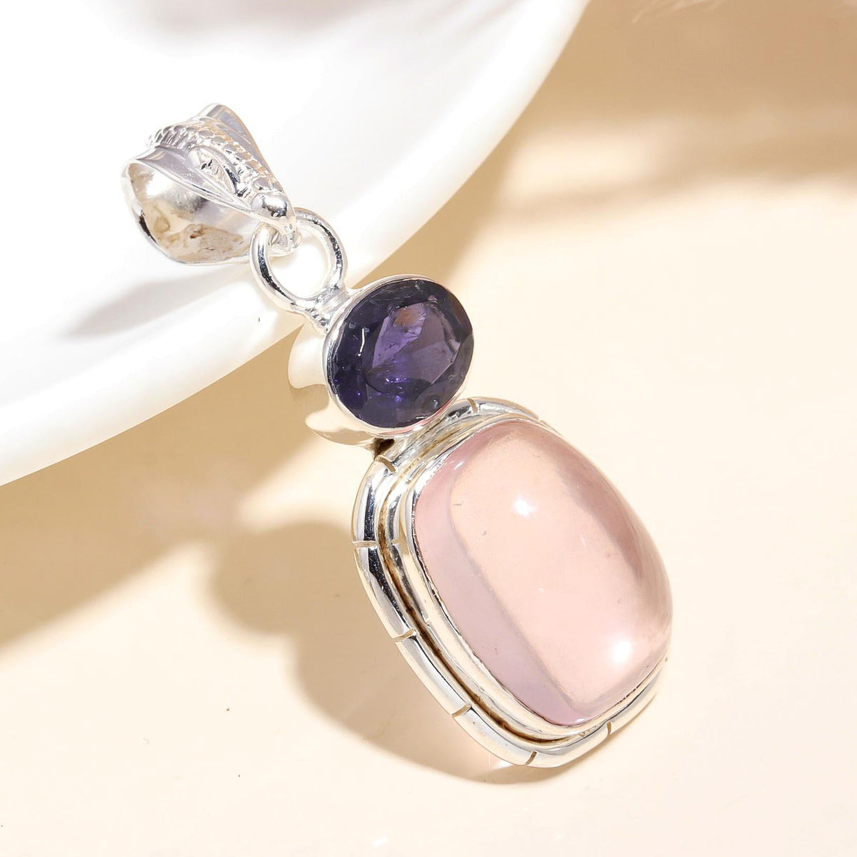925 Sterling Silver Rose Quartz & Iolite Pendant