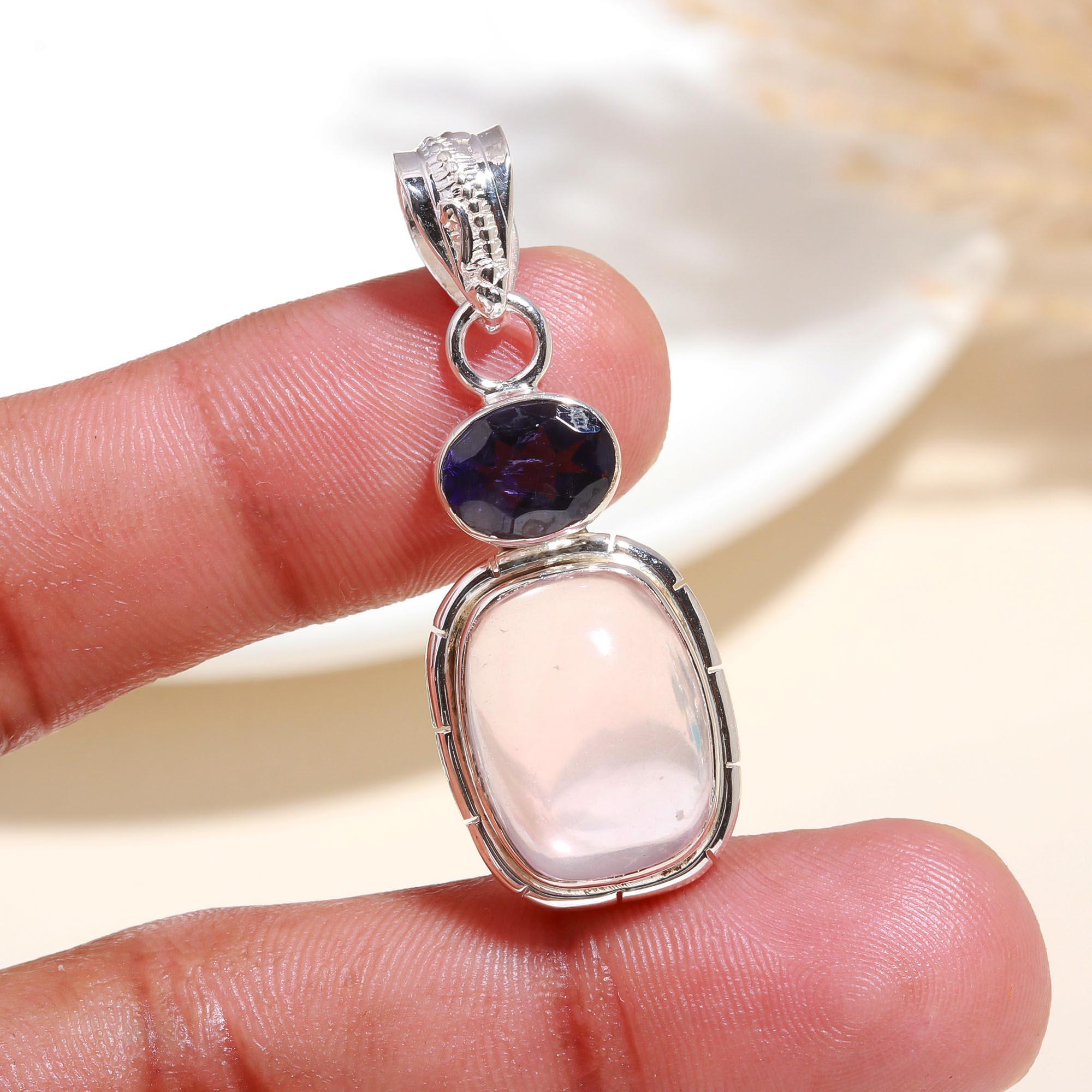 925 Sterling Silver Rose Quartz & Iolite Pendant