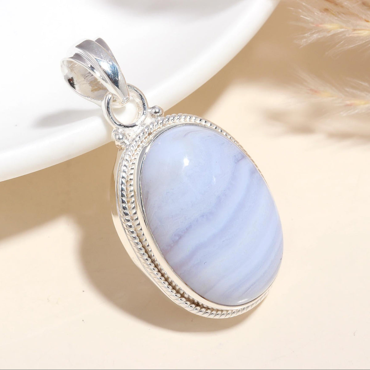 925 Sterling Silver Handmade Oval Blue Lace Agate Pendant
