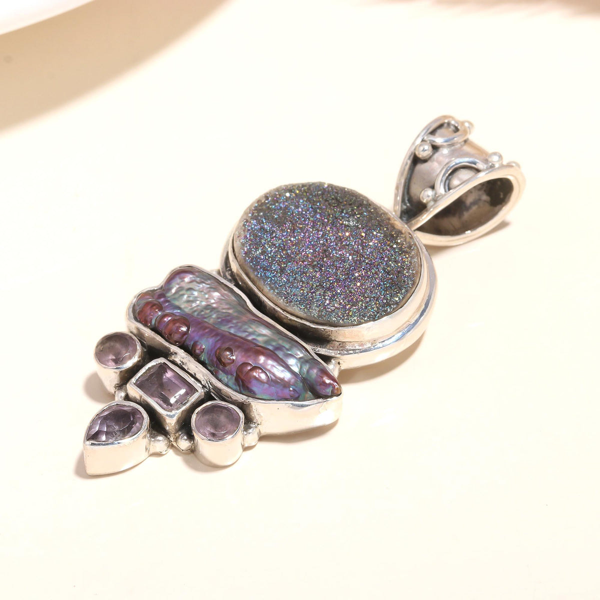 925 Sterling Silver Drusy & Abalone Shell Pendant