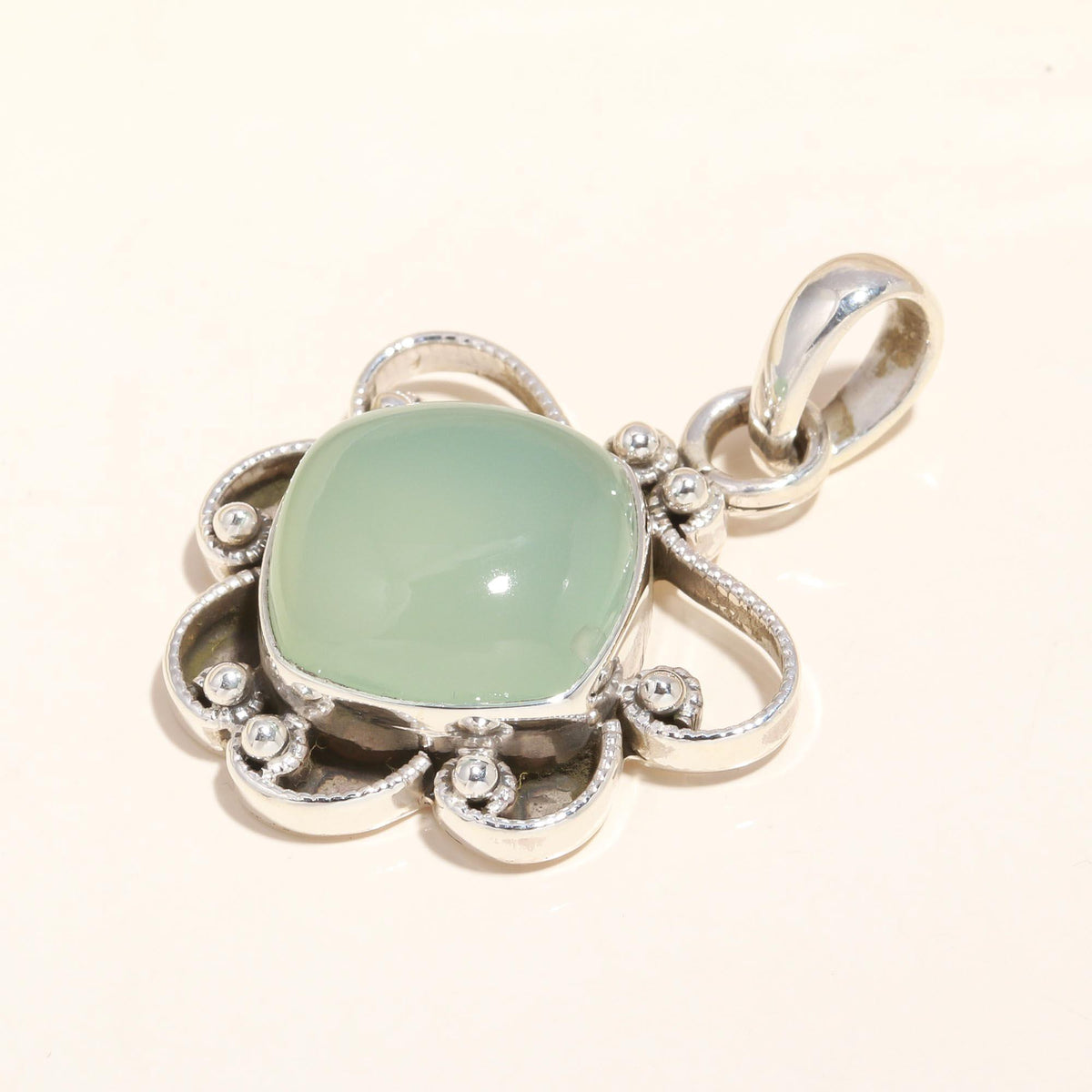 925 Sterling Silver Handmade Green Chalcedony Vintage Filigree Boho Pendant