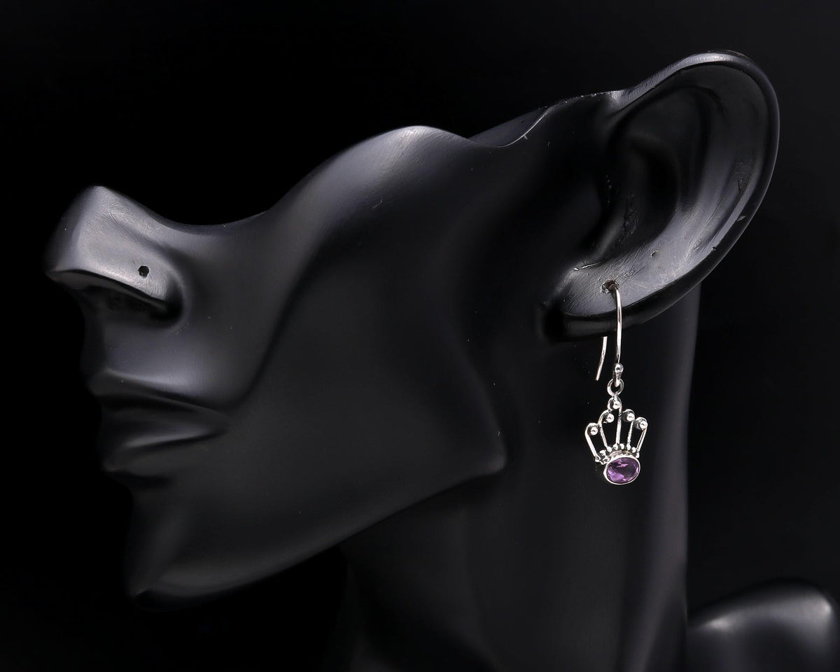 925 Sterling Silver Crown Amethyst Dangle Earrings