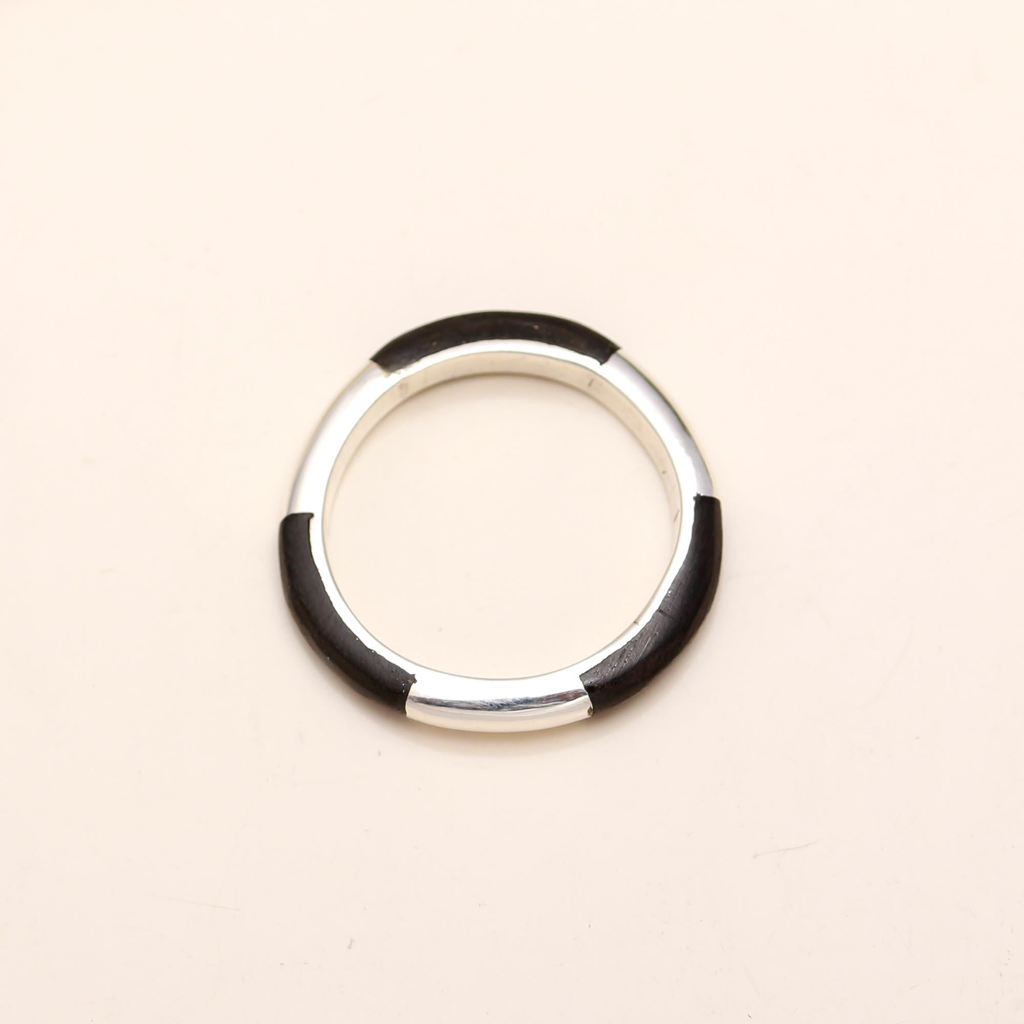 925 Silver Black Wood Inlay Band Ring
