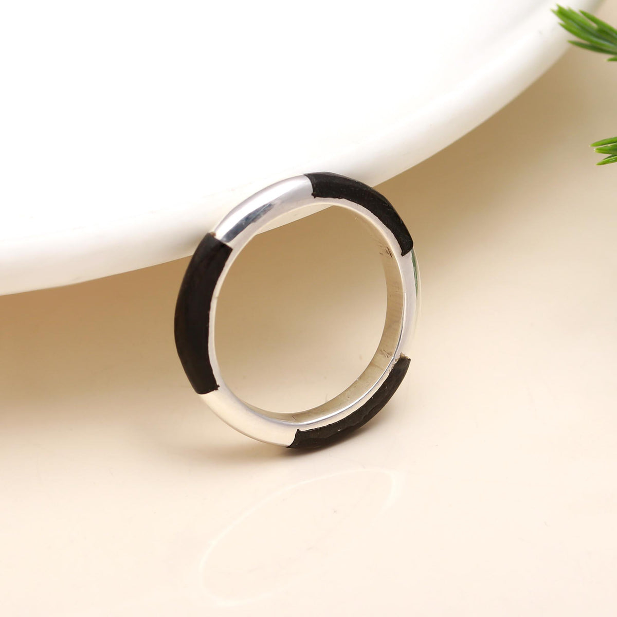 925 Silver Black Wood Inlay Band Ring