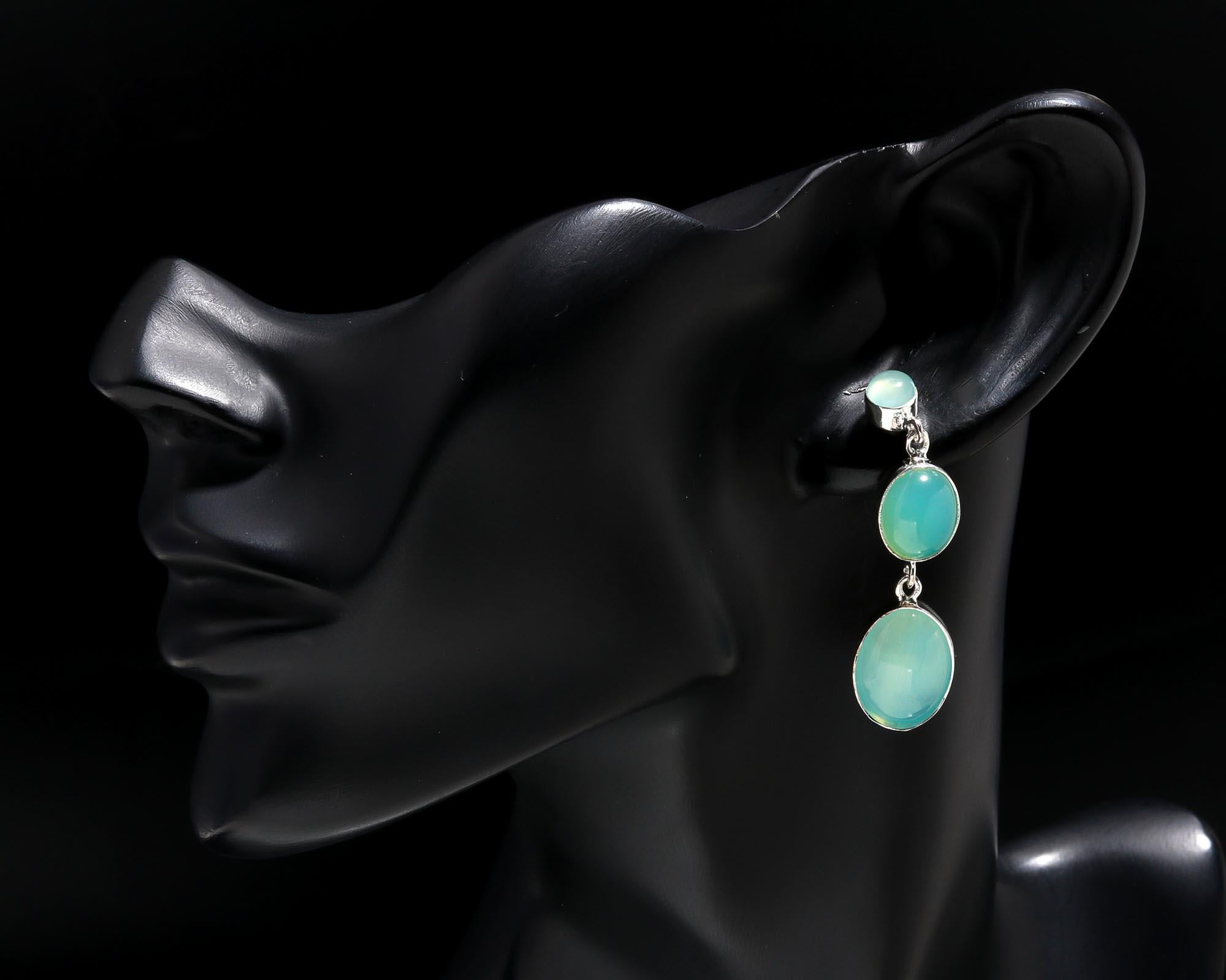 The Serene Cascade: Aqua Chalcedony Silver Triple Drop Earrings