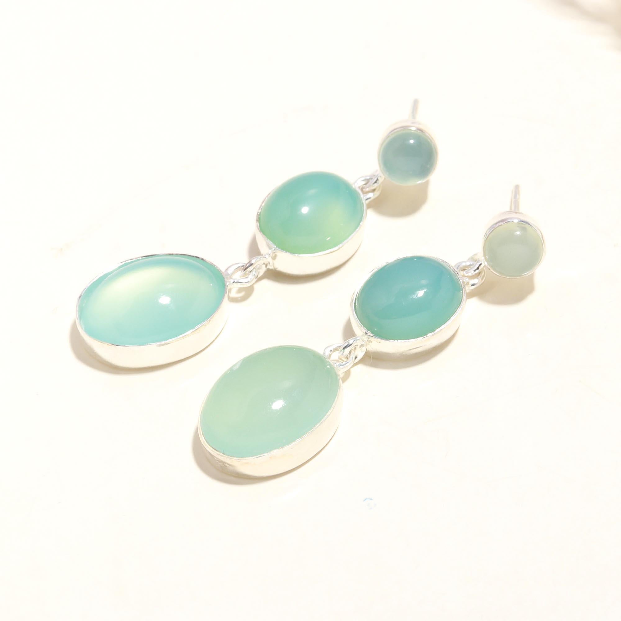 The Serene Cascade: Aqua Chalcedony Silver Triple Drop Earrings