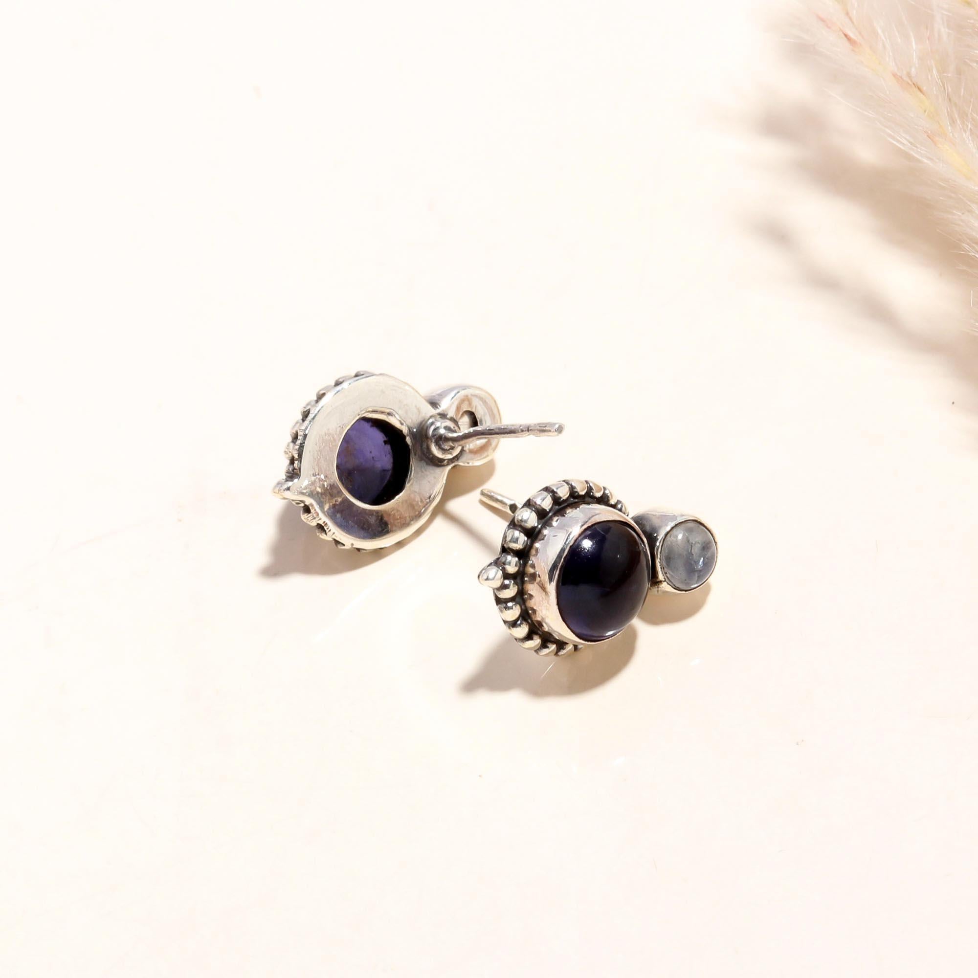 925 Sterling Silver Iolite & Aquamarine Vintage Boho Stud Earrings