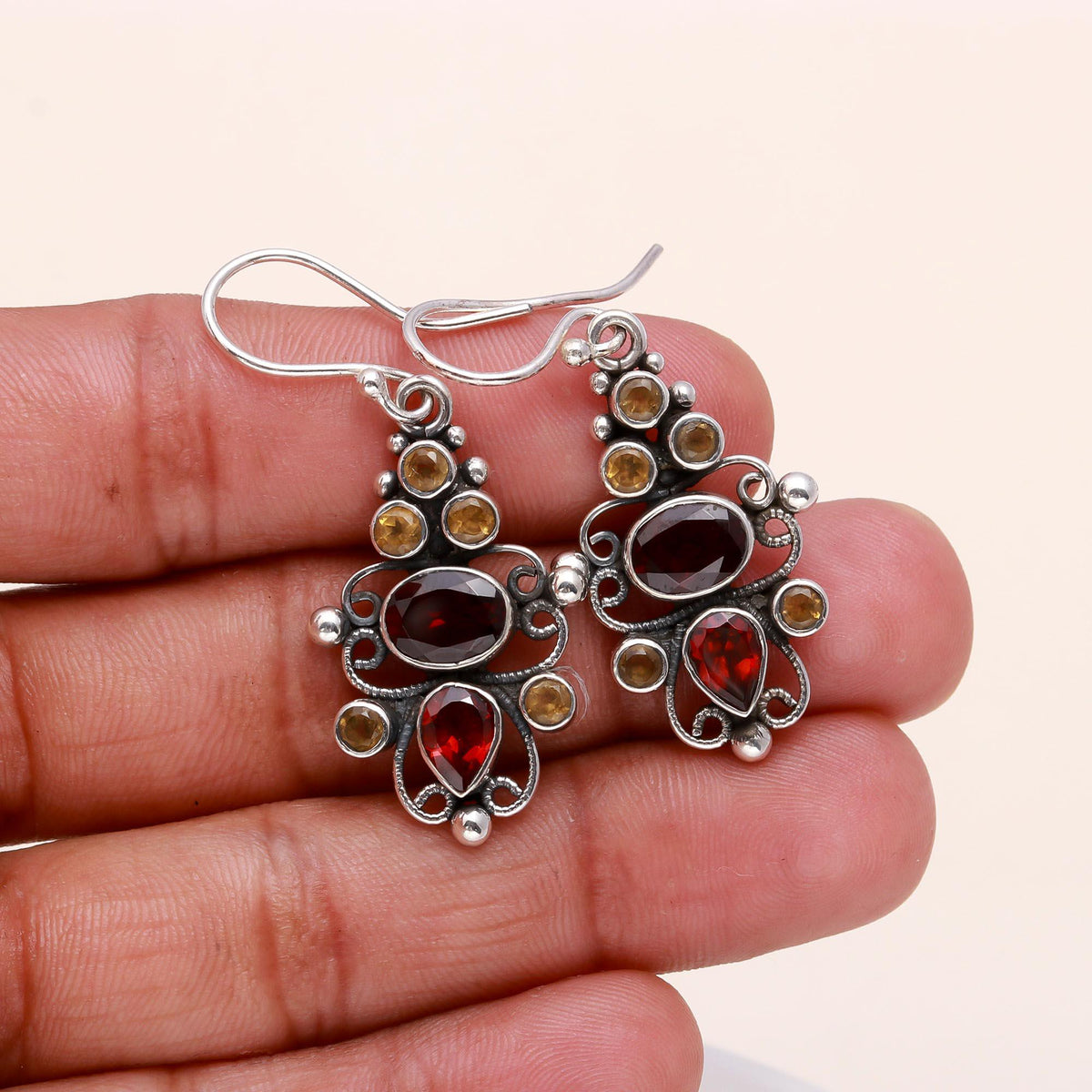 925 Sterling Silver Garnet & Citrine Vintage Boho Dangle Earrings