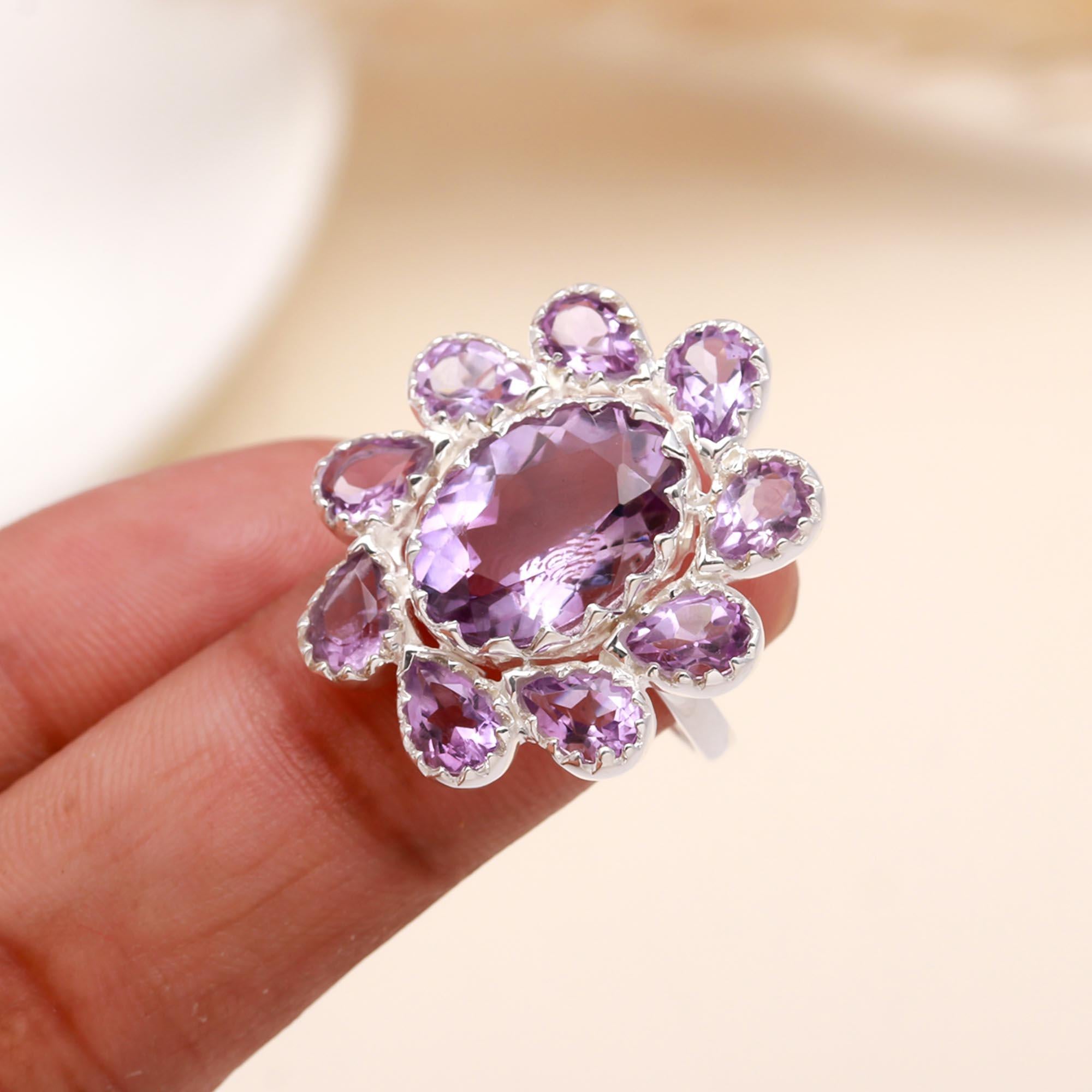 The Violet Bloom: Amethyst Silver Floral Cluster Ring