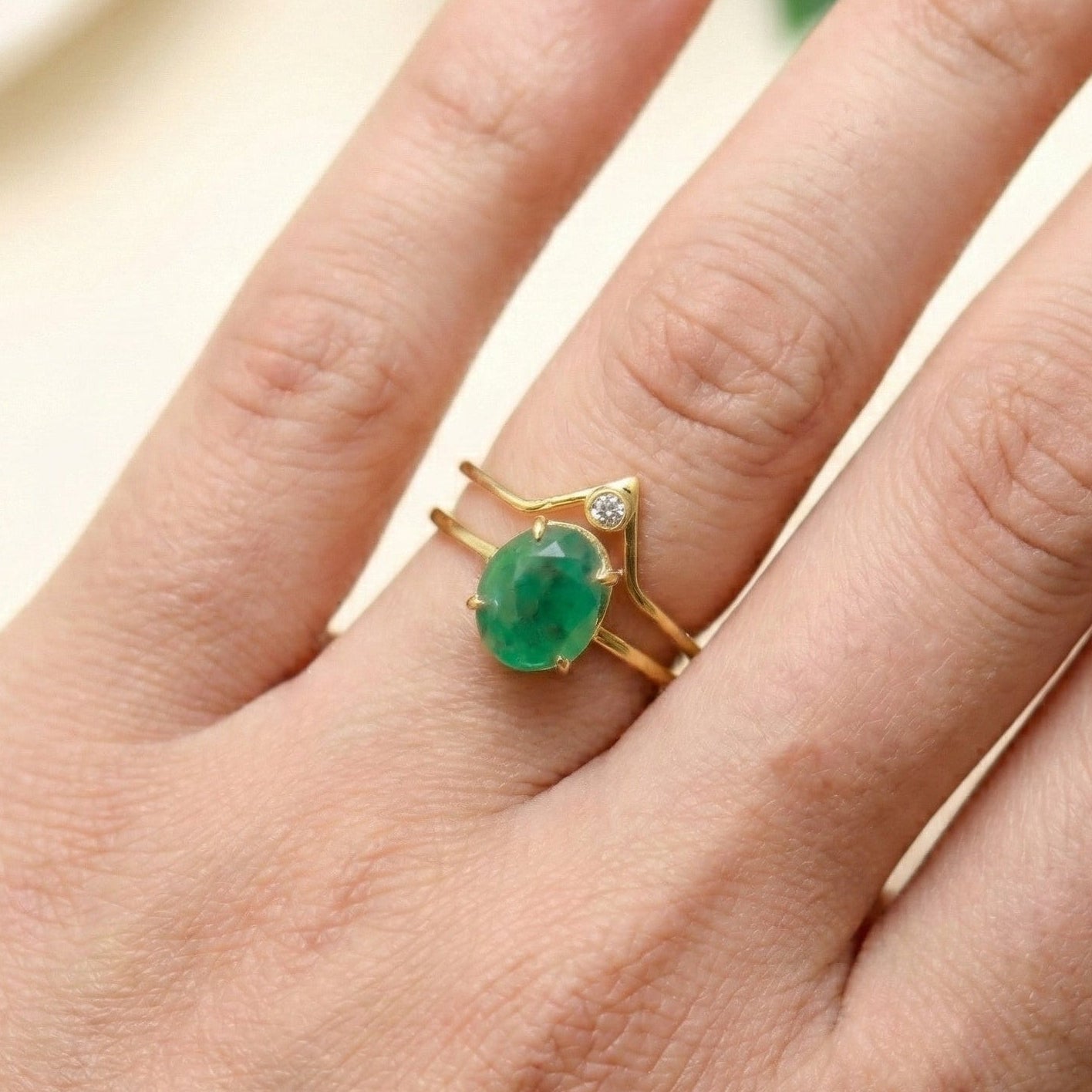 The Verdant Sovereign: Emerald & Zircon Chevron Ring Set