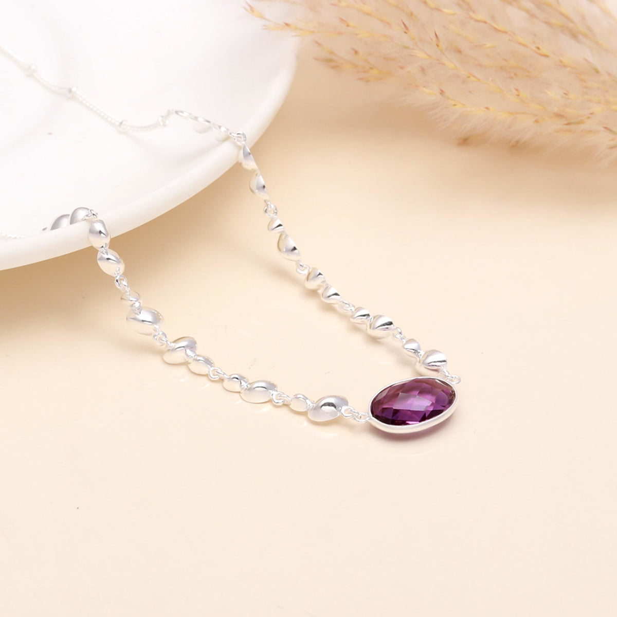 925 Sterling Silver Oval Amethyst Beaded Necklace