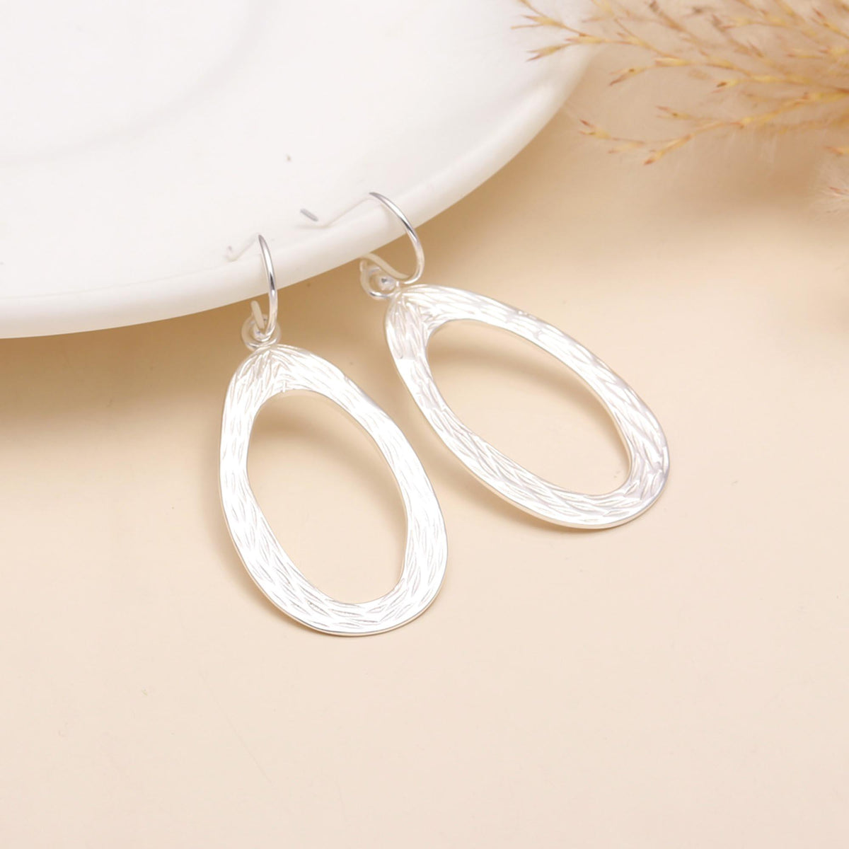925 Sterling Silver Textured Open Oval Dangle Earrings