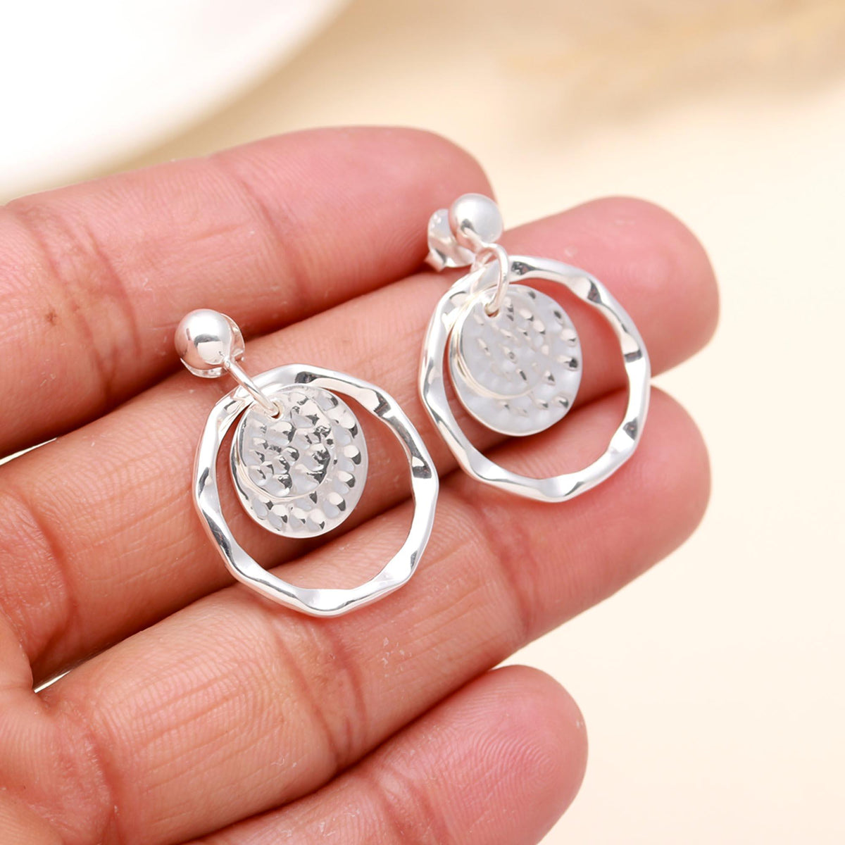 925 Sterling Silver Textured Circle Dangle Earrings