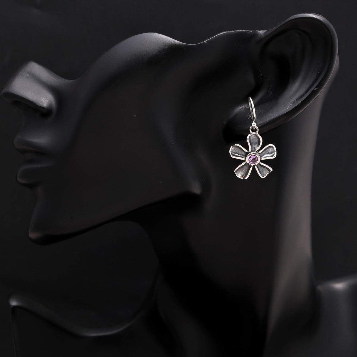 925 Sterling Silver Amethyst Flower Dangle Earrings