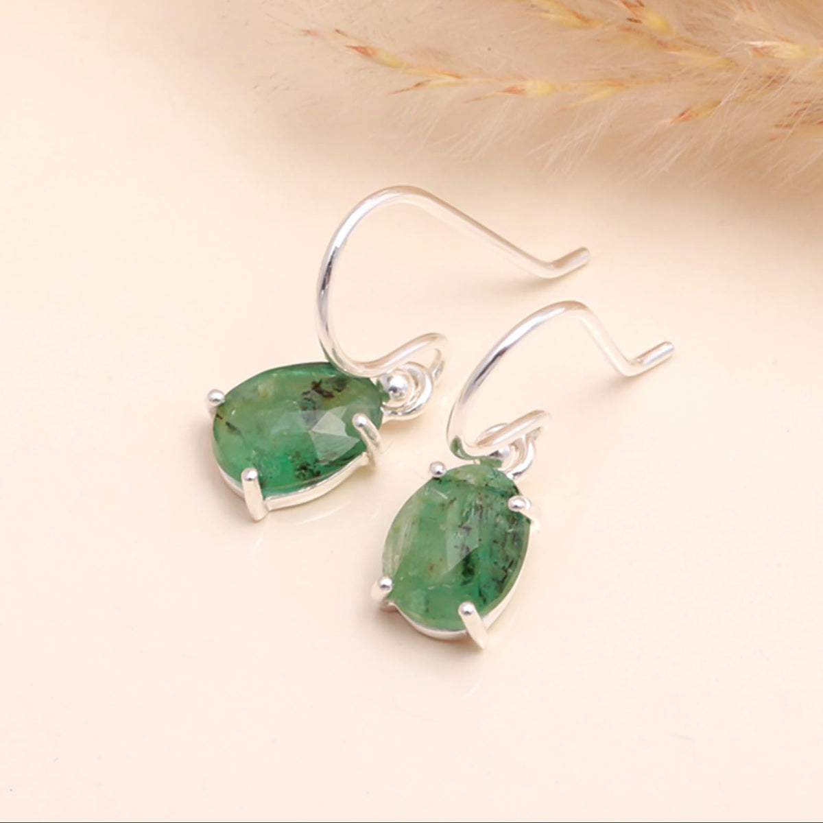 925 Sterling Silver Natural Emerald Dangle Earrings
