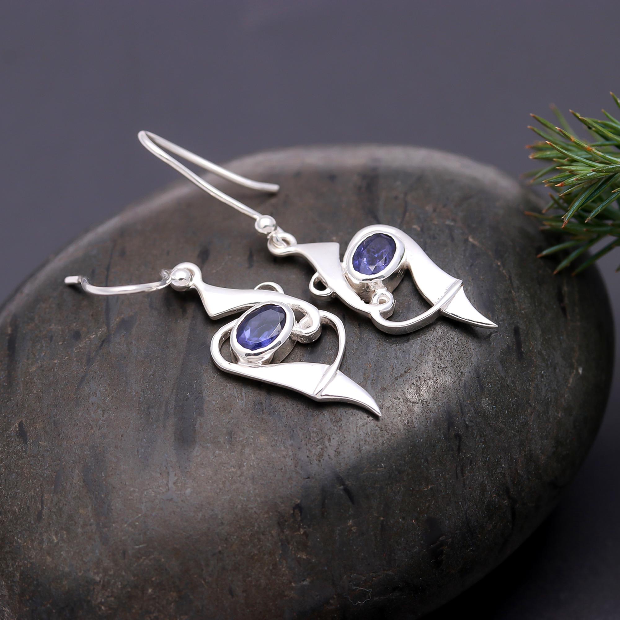 925 Silver Oval Iolite Drop Earrings