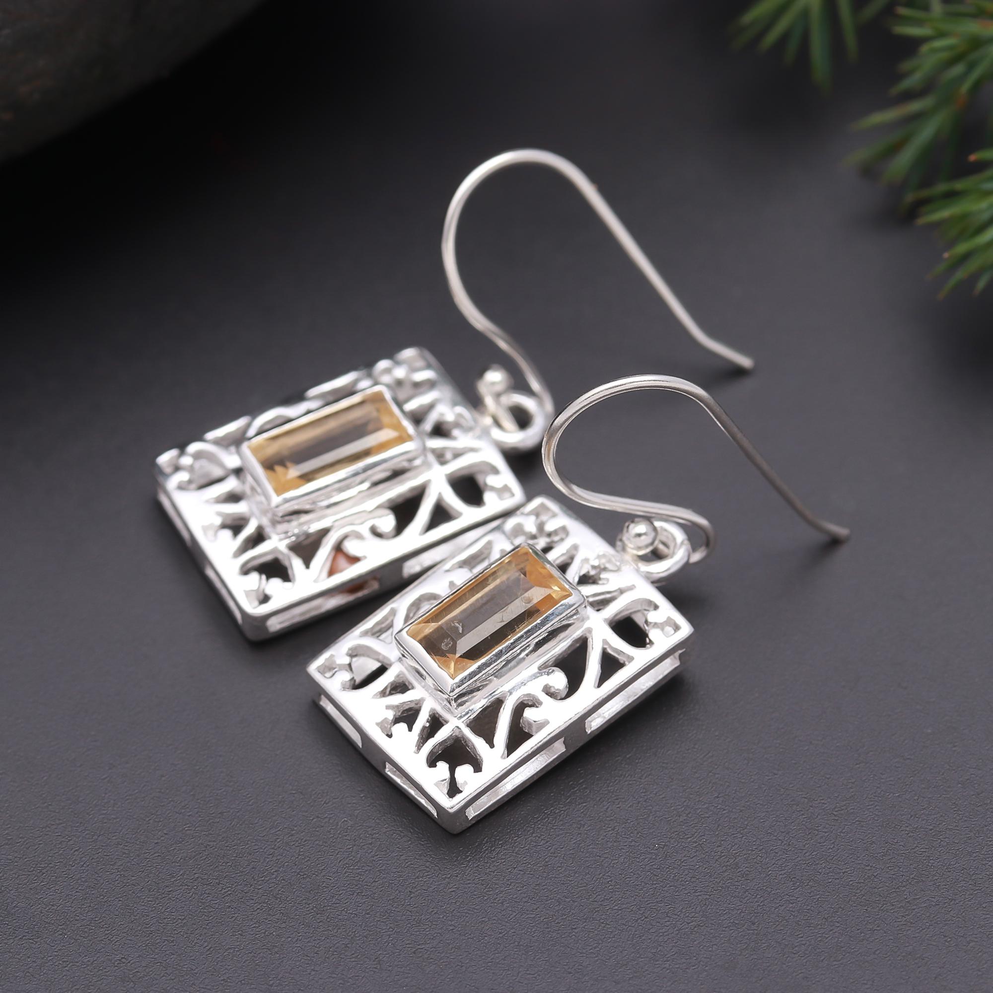 925 Silver Citrine Filigree Dangle Earrings