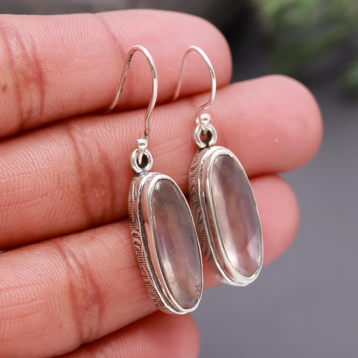 925 Silver Long Oval Smoky Quartz Dangle Earrings