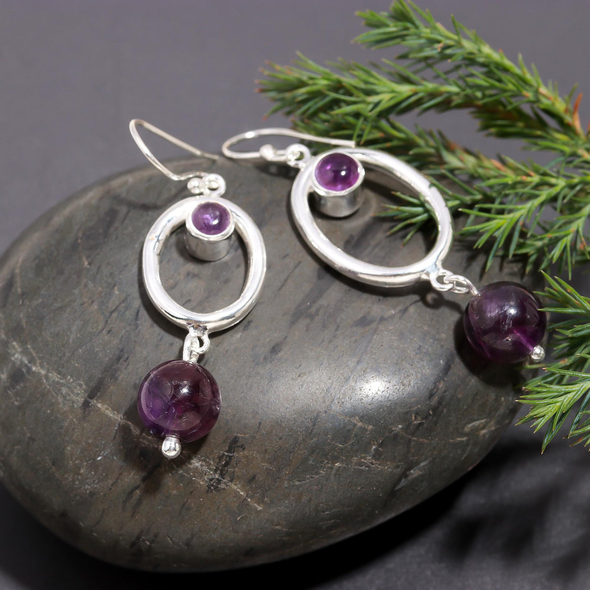 925 Silver Amethyst Beads Oval Hoop Dangle Earrings