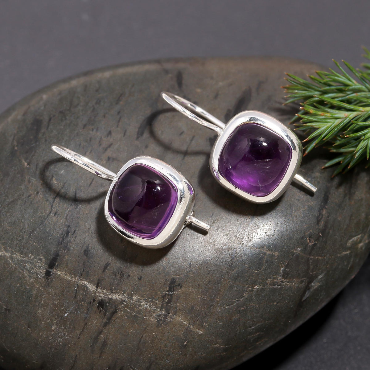 925 Silver Cushion Amethyst Dangle Earrings