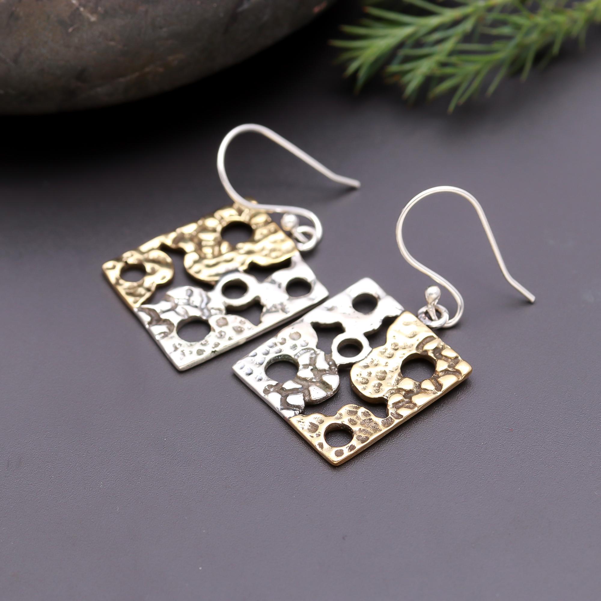 925 Silver Two-Tone Square Textured Dangle Earrings