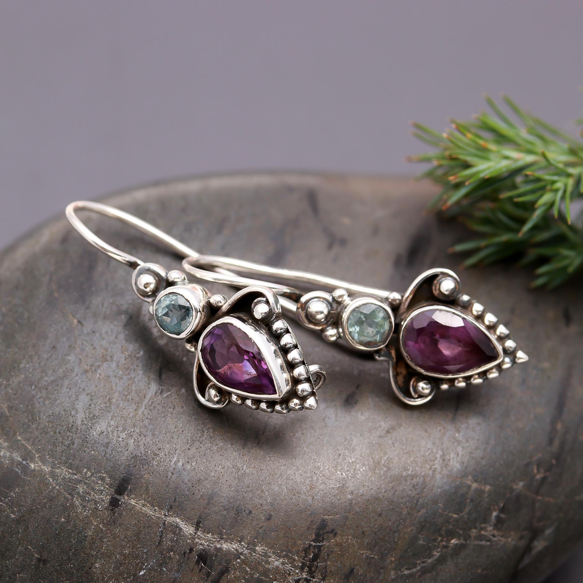 925 Silver Amethyst and Aquamarine Dangle Earrings