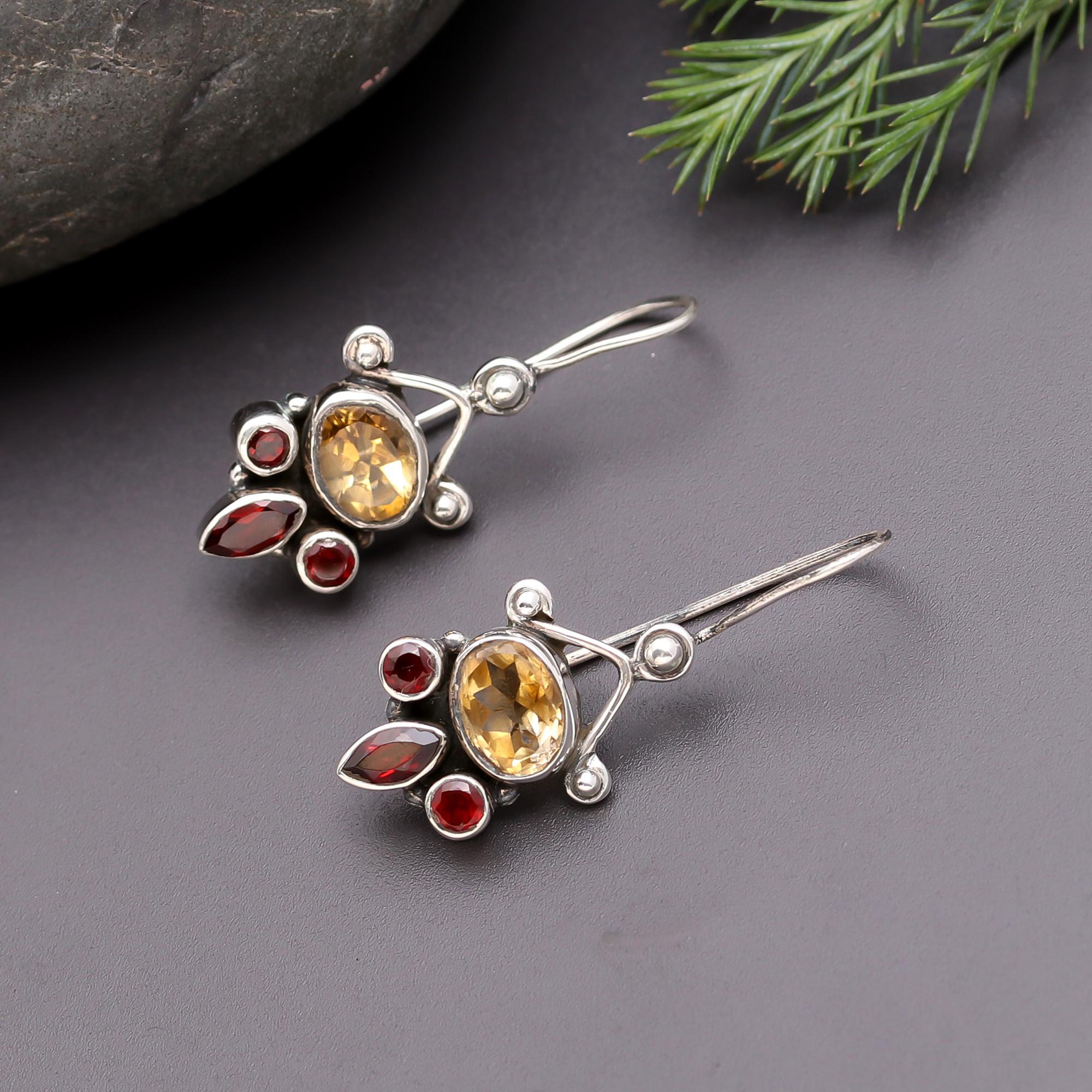 925 Silver Citrine and Garnet Dangle Earrings