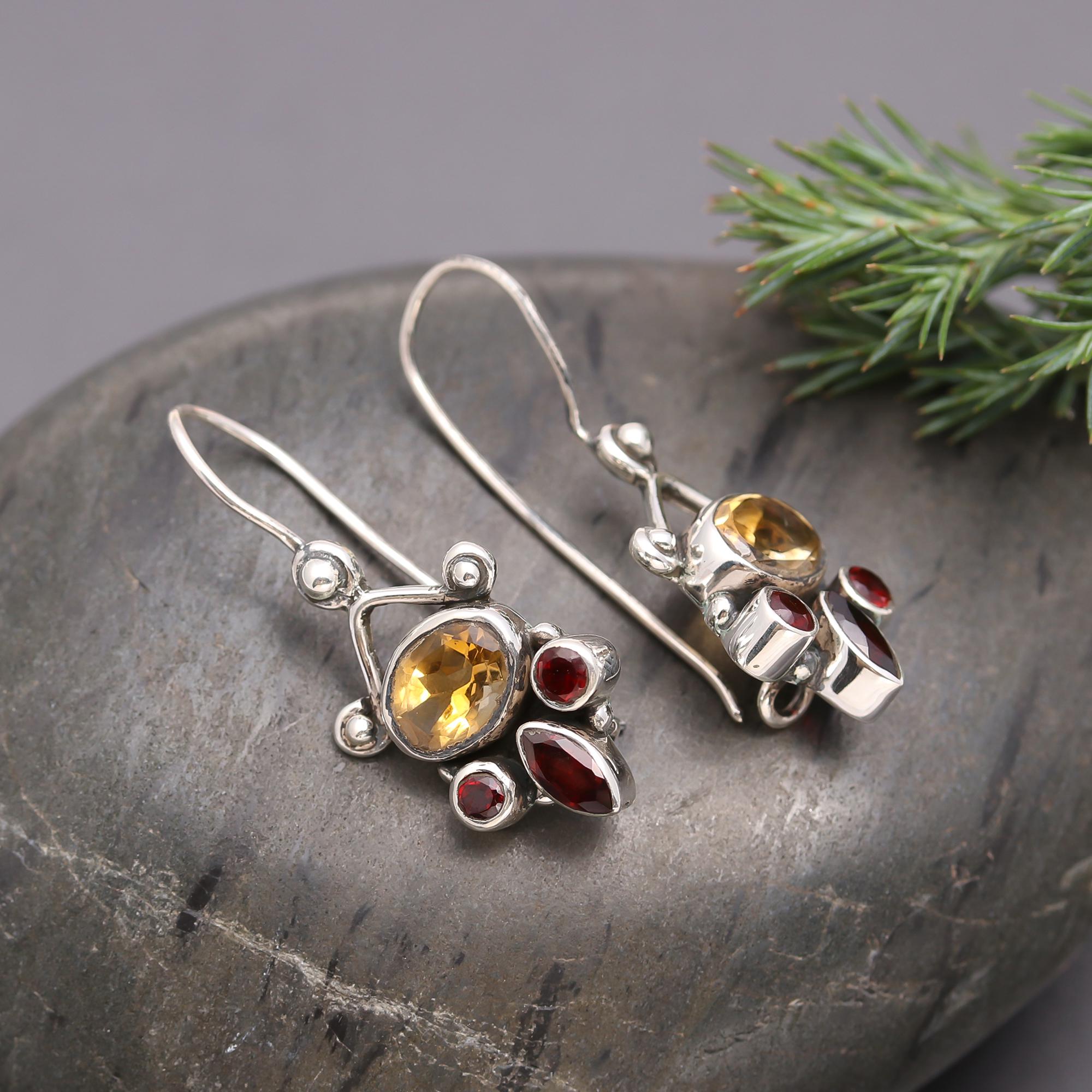 925 Silver Citrine and Garnet Dangle Earrings