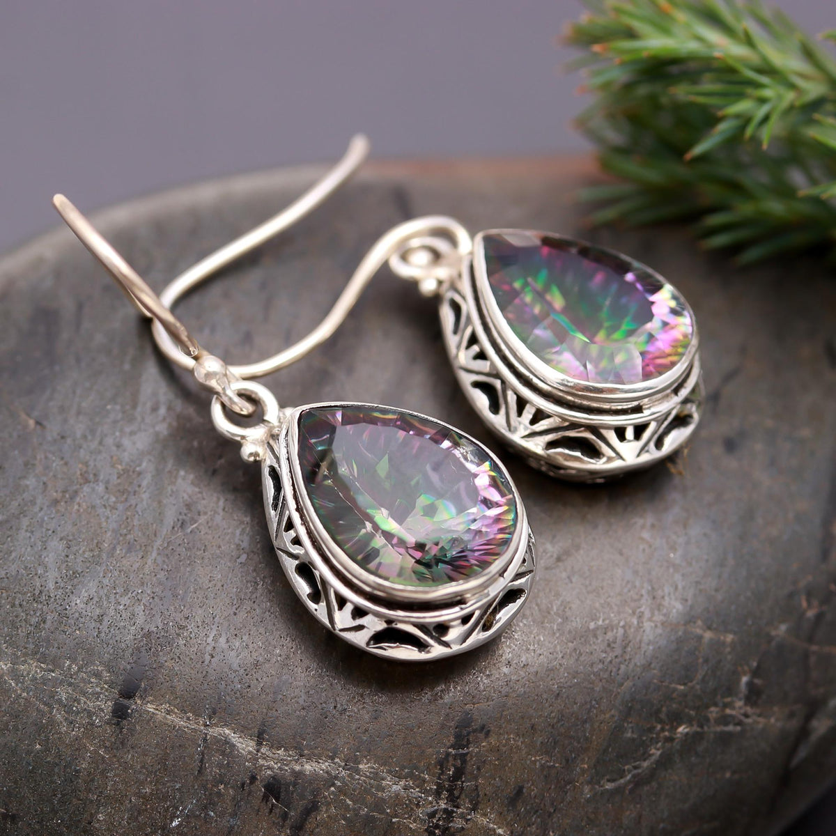 925 Silver Pear Mystic Topaz Filigree Drop Earrings