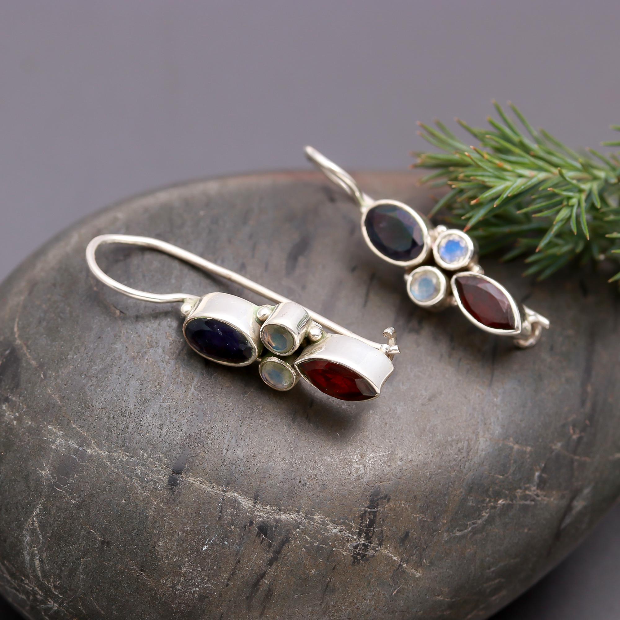 925 Silver Iolite, Moonstone, and Garnet Dangle Earrings
