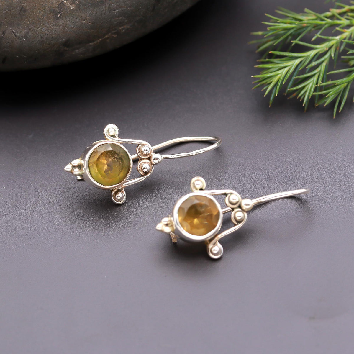925 Silver Round Citrine Dangle Earrings