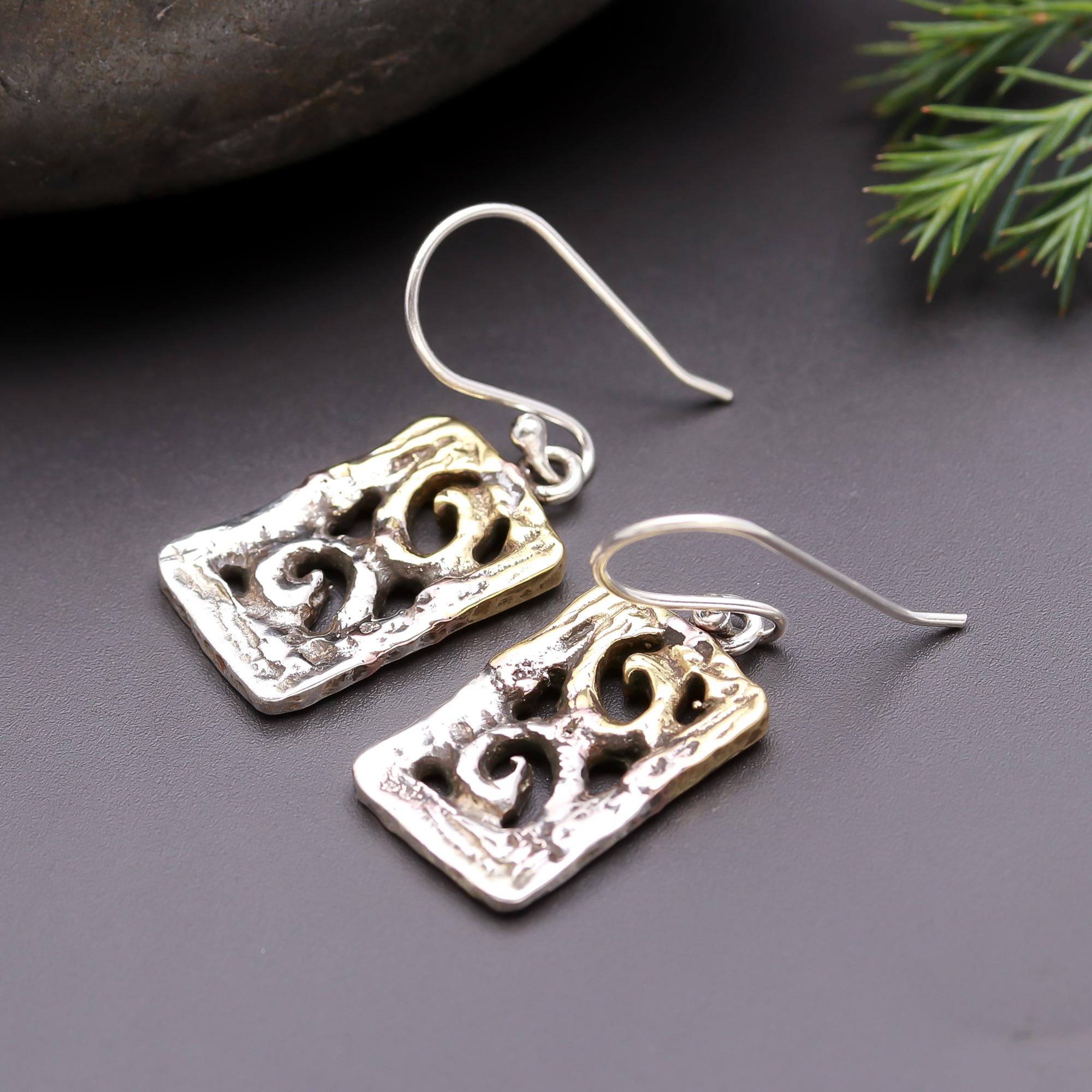 925 Silver Textured Rectangle Swirl Dangle Earrings