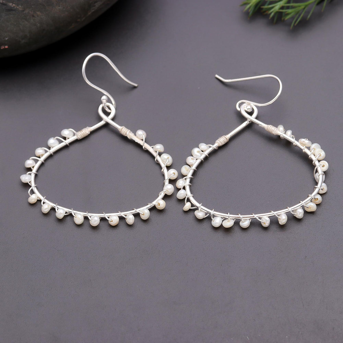 925 Silver Teardrop Wire Pearls Dangle Earrings