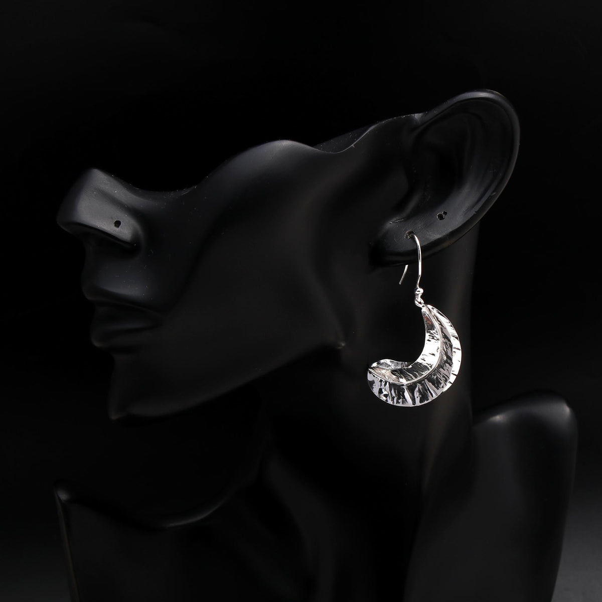 925 Silver Hammered Crescent Moon Dangle Earrings